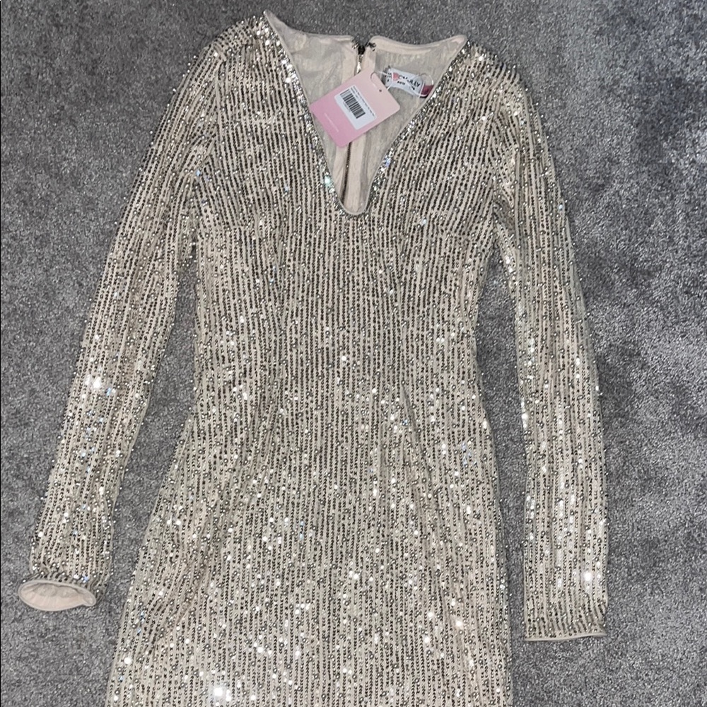 Hello Molly Silver Sequin Bodycon Dress with Plunge Neckline